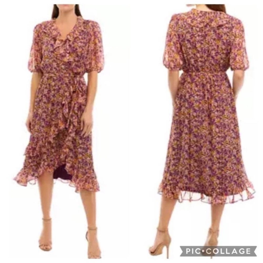 Maison Tara Lavender Floral Ruffle Wrap Midi Dress